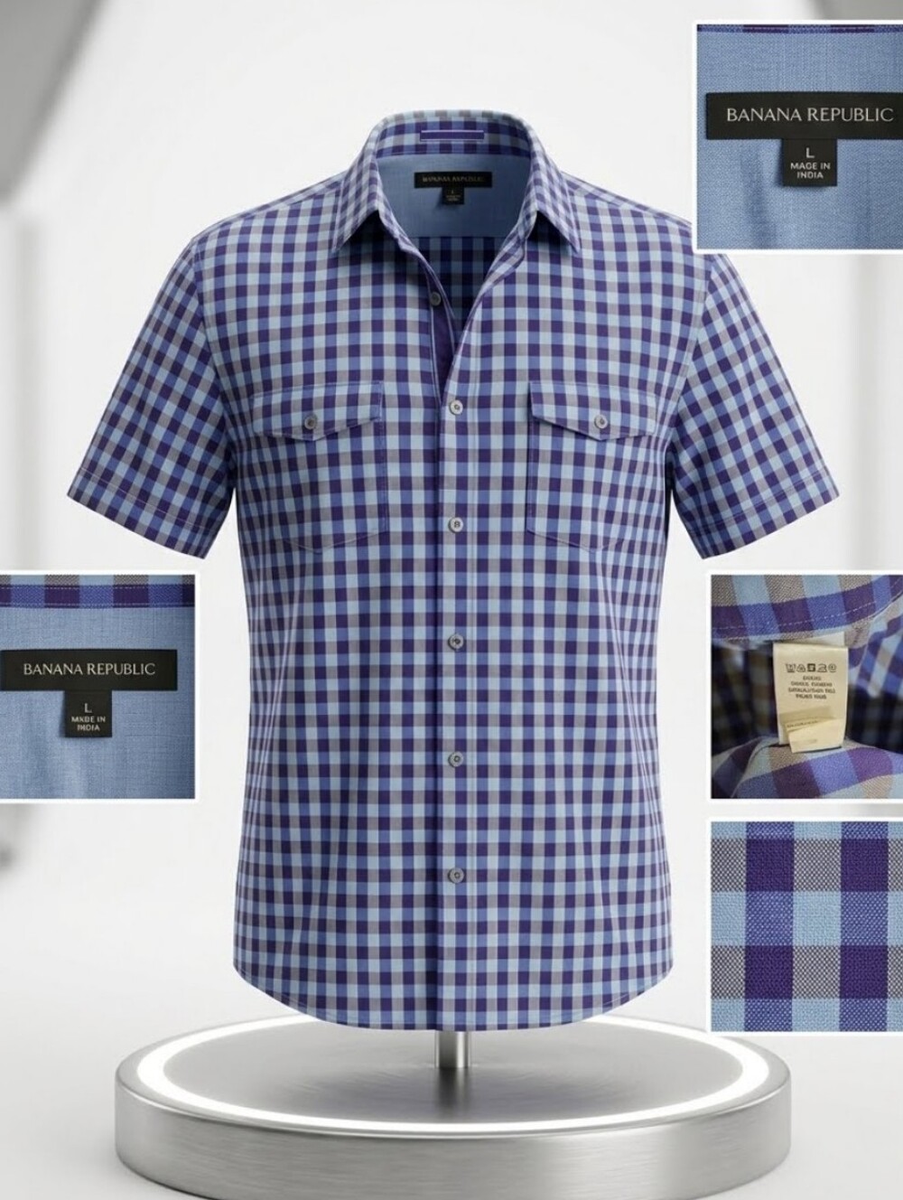 Banana Republic Blue and Purple Gingham Short-Sleeve Button-Down Shirt